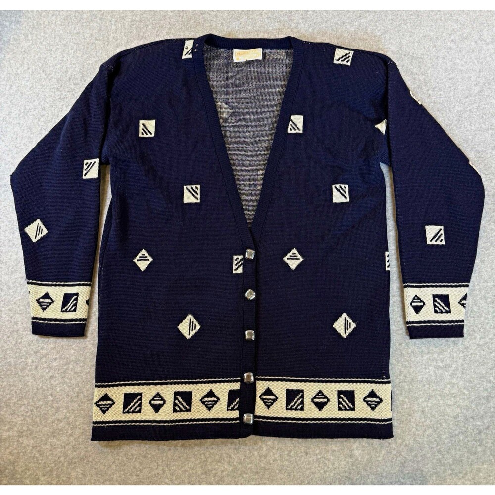 VTG 80s Pendleton Cardigan Sweater Geometric Diamond Wool S Navy Blue Cream